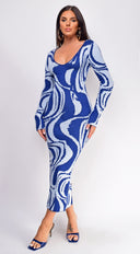 Maeva Blue Swirl Sweater Midi Dress full length front view on model
