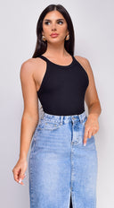 Maria Ribbed Top in Black close-up of ribbed knit texture