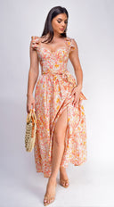 Valeria Corset Ruffle Midi Dress – Sunset Floral