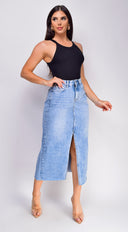 Frances High Rise Denim Midi Skirt - Blue