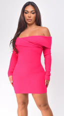 Edyta Off Shoulder Sweater Mini Dress in Pink close-up of off-shoulder neckline