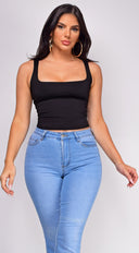 Sierra Black Scoop Neck Tank Top full length front view on model