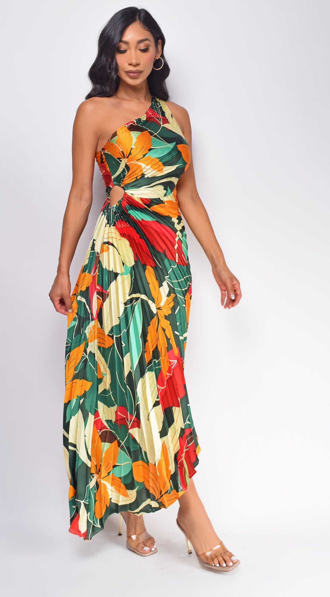 Rio Green Multi Color Floral Print Asymmetrical Pleated Maxi Dress