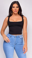 Sierra Black Scoop Neck Tank Top side profile view on model
