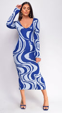 Maeva Blue Swirl Sweater Midi Dress side profile view on model