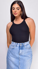 Maria Ribbed Top in Black back view on model