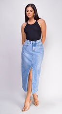 Frances High Rise Denim Midi Skirt - Blue