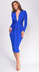 Alicyn Royal Blue Waist Tie Long Sleeve Midi Dress