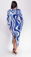 Maeva Blue Swirl Sweater Midi Dress close-up of fabric and construction