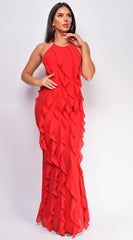 Erma Red Halter Ruffle Maxi Dress