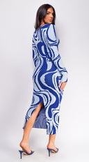 Maeva Blue Swirl Sweater Midi Dress back view on model