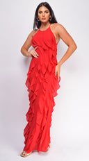 Erma Halter Ruffle Maxi Dress in Red side profile view on model
