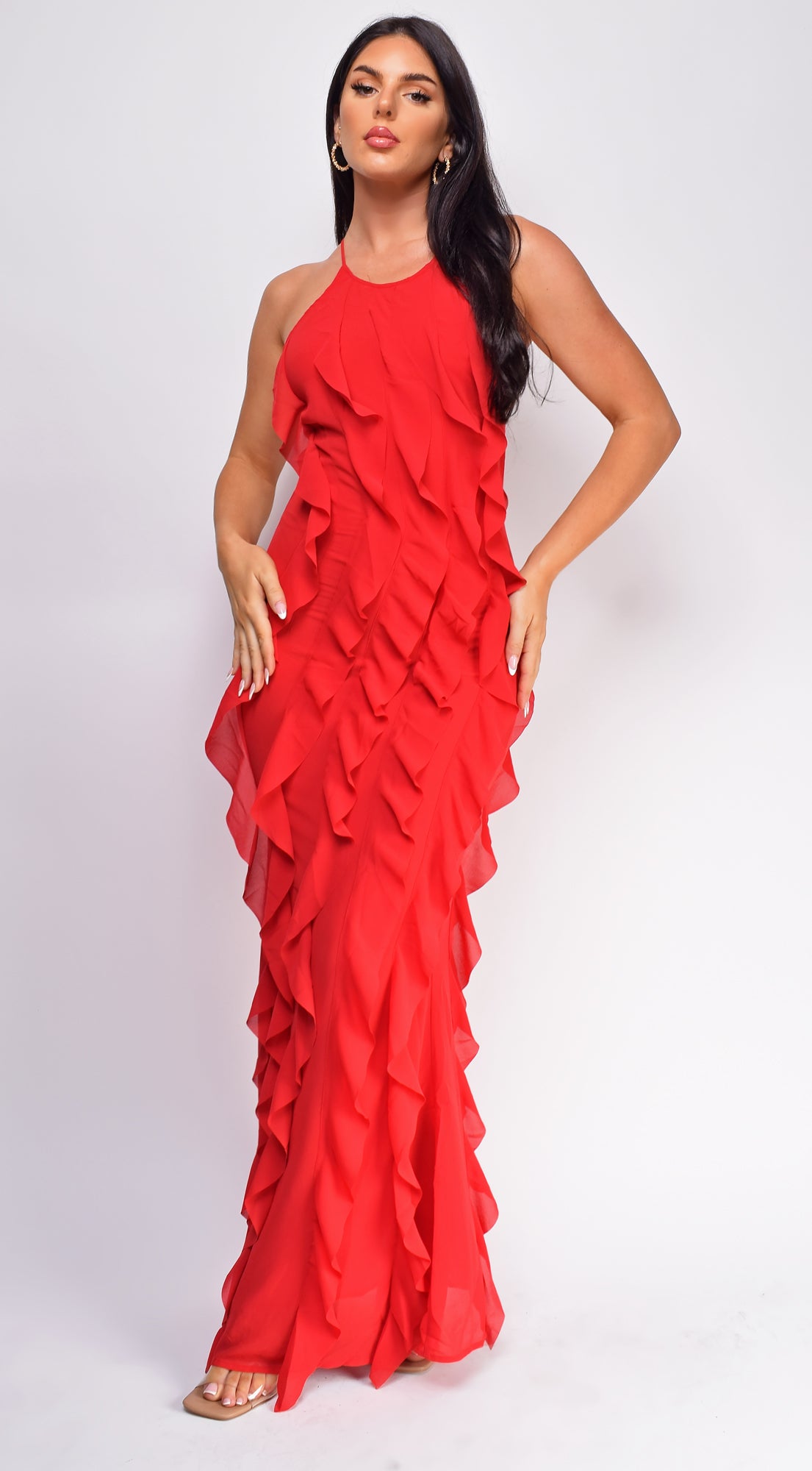 Erma Red Halter Ruffle Maxi Dress