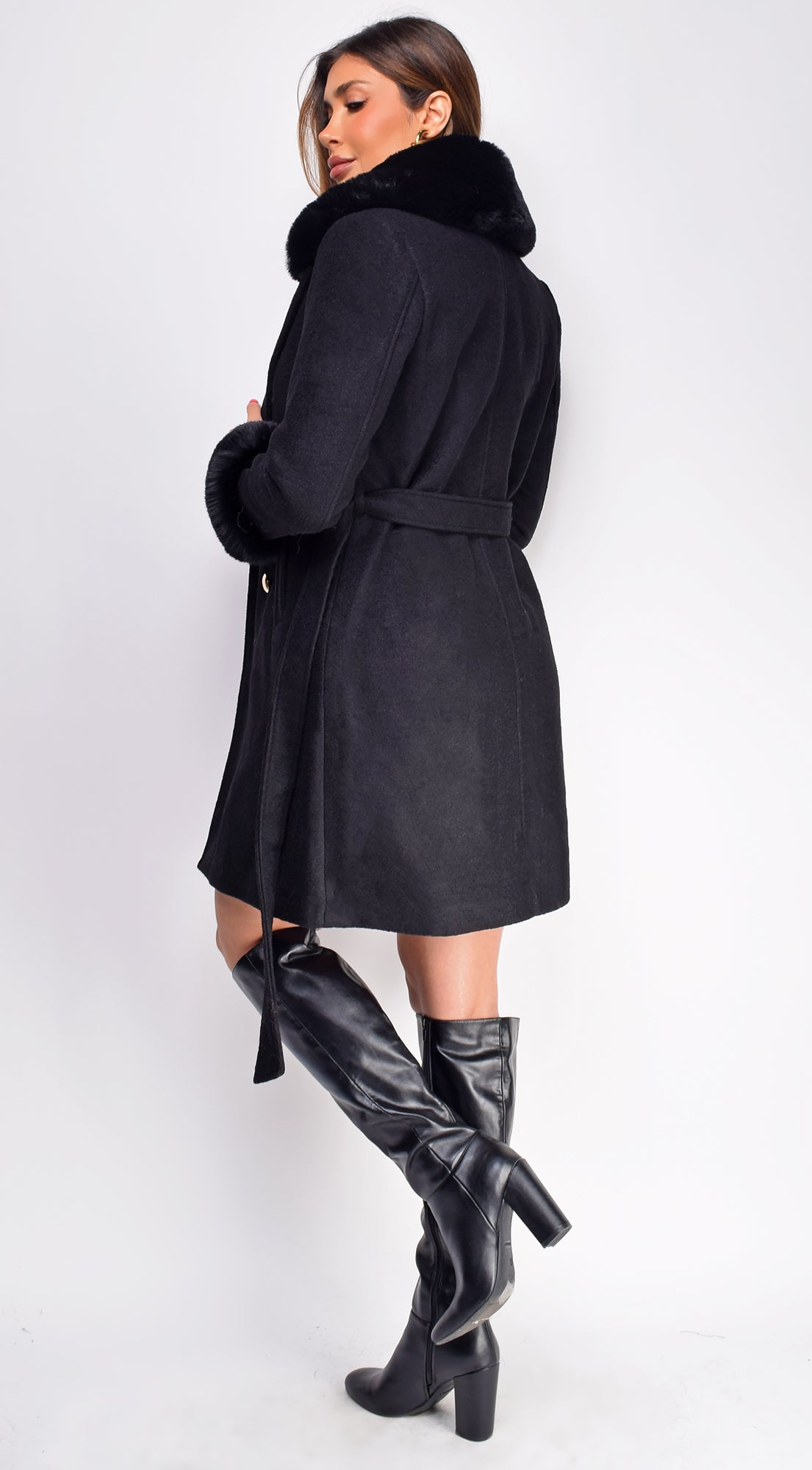 Polina Black Fur Wool Coat