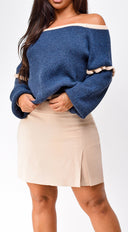 Frankfurt Off Shoulder Sweater Top in Blue hemline and silhouette detail