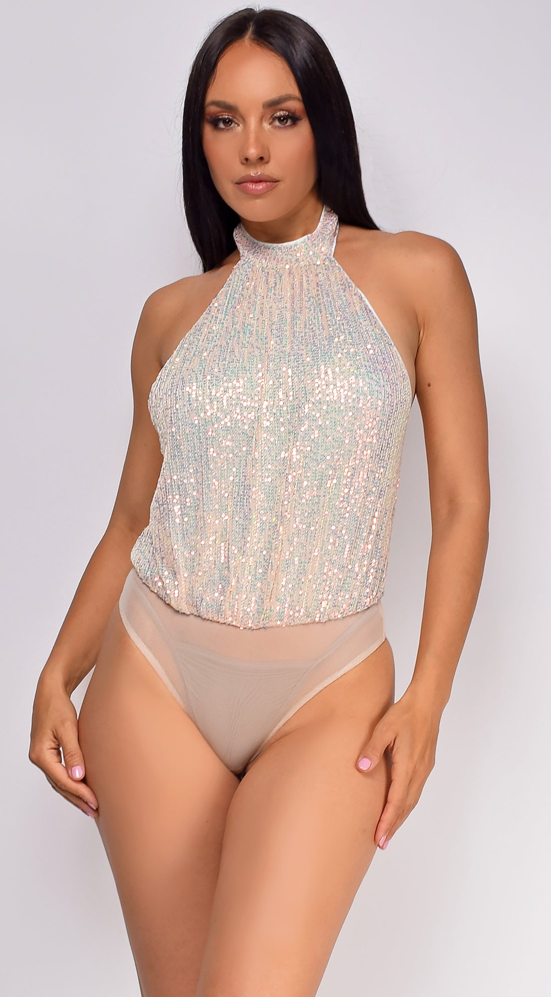 Catalda Nude Opal Sequin Halter Open back Bodysuit