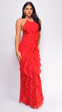 Erma Halter Ruffle Maxi Dress in Red styled outfit flat lay