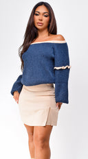 Frankfurt Off Shoulder Sweater Top in Blue close-up of neckline and shoulder detail
