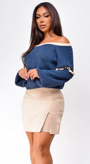 Frankfurt Off Shoulder Sweater Top in Blue stitching and texture close-up hemline and silhouette detail