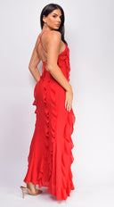 Erma Halter Ruffle Maxi Dress in Red hemline and silhouette detail