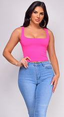 Sierra Pink Scoop Neck Tank Top full length front view on model