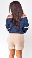 Frankfurt Off Shoulder Sweater Top in Blue full length three-quarter angle