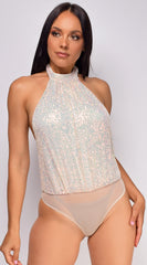 Catalda Nude Opal Sequin Halter Open back Bodysuit