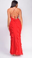 Erma Halter Ruffle Maxi Dress in Red close-up of neckline and shoulder detail