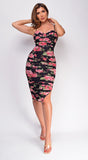 Rye Black Pink Floral Mesh Ruched Midi Dress