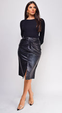 Jo Faux Leather Front Ruched Midi Skirt - Black