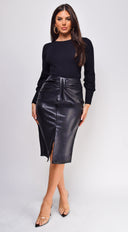 Jo Faux Leather Front Ruched Midi Skirt - Black