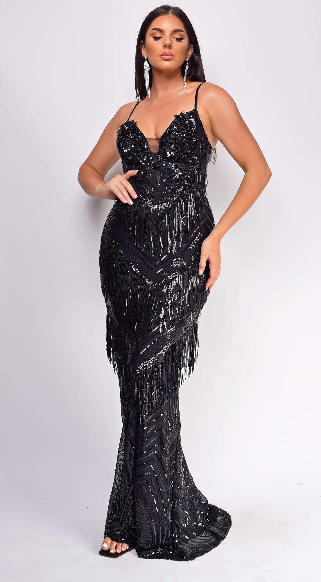 Ianthe Black Tassel Sequin Maxi Dress