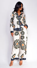 Vivaan Floral Print Satin Set in Cream styled outfit flat lay