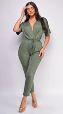 Lia Olive Green V Neck Jumpsuit side profile view on model
