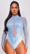 Alicia Rhinestone Mesh Bodysuit - Blue