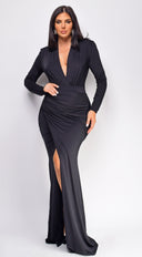 Josephine Black Deep V Plunge Maxi Dress close-up of neckline detail