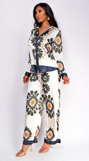 Vivaan Floral Print Satin Set in Cream hemline and silhouette detail