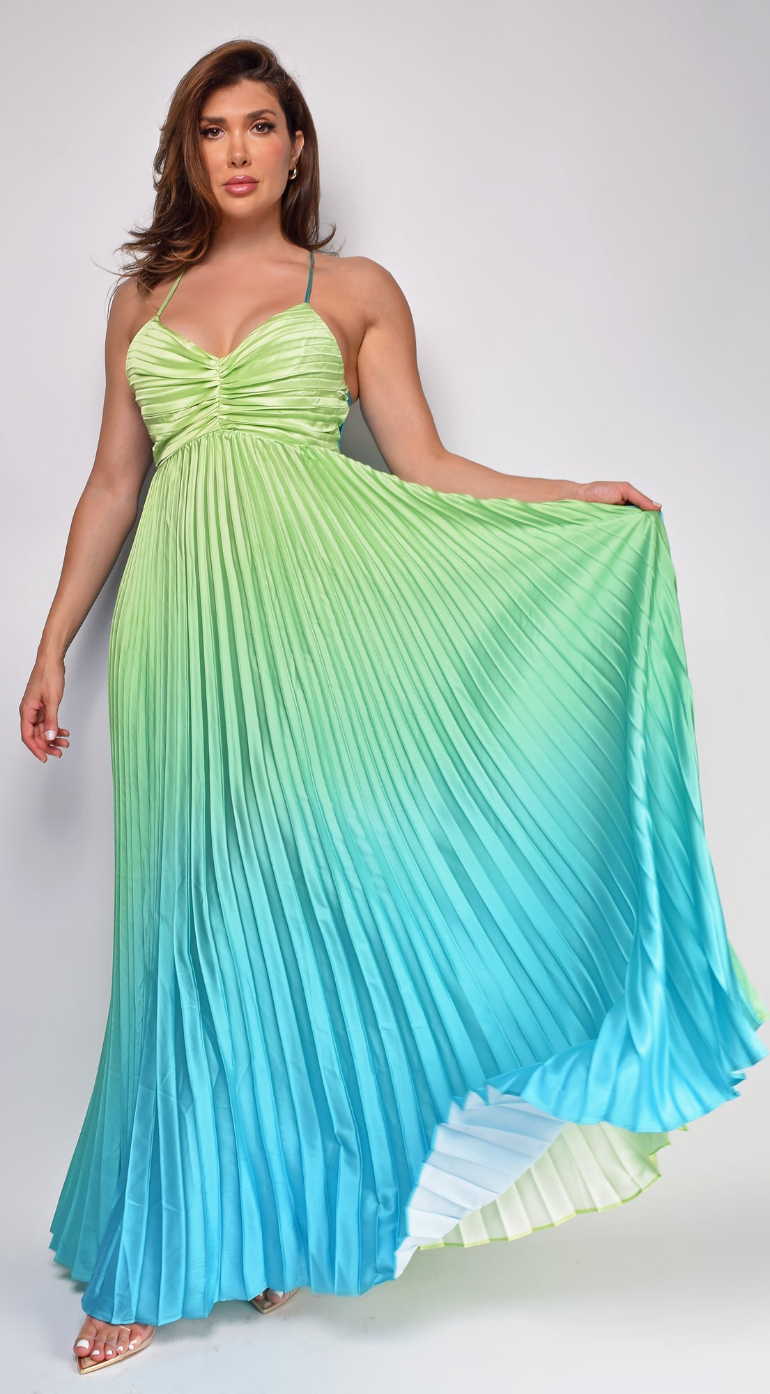 Andora Blue Green Multi Color Pleated Ombre Maxi Dress