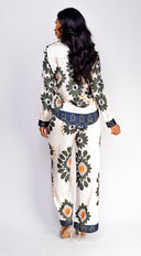 Vivaan Floral Print Satin Set in Cream close-up of neckline and shoulder detail