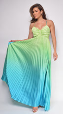 Andora Blue Green Multi Color Pleated Ombre Maxi Dress