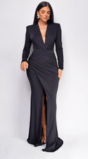 Josephine Black Deep V Plunge Maxi Dress side profile view on model