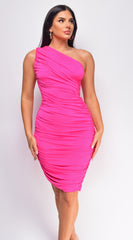 Derya Pink One Shoulder Ruched Midi Dress