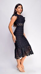 Phoebe Eyelet Lace Ruffle Midi Dress - Black