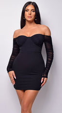 Yasna Black Mesh Ruched Sleeve Mini Dress