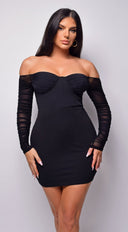 Yasna Black Mesh Ruched Sleeve Mini Dress close-up of mesh panel detail