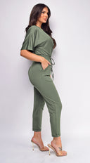 Lia Olive Green V Neck Jumpsuit close-up of neckline detail