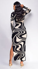 Autumn Black White Jacquard Side Slit Maxi Dress side profile view on model