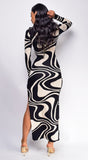 Autumn Black White Jacquard Side Slit Maxi Dress