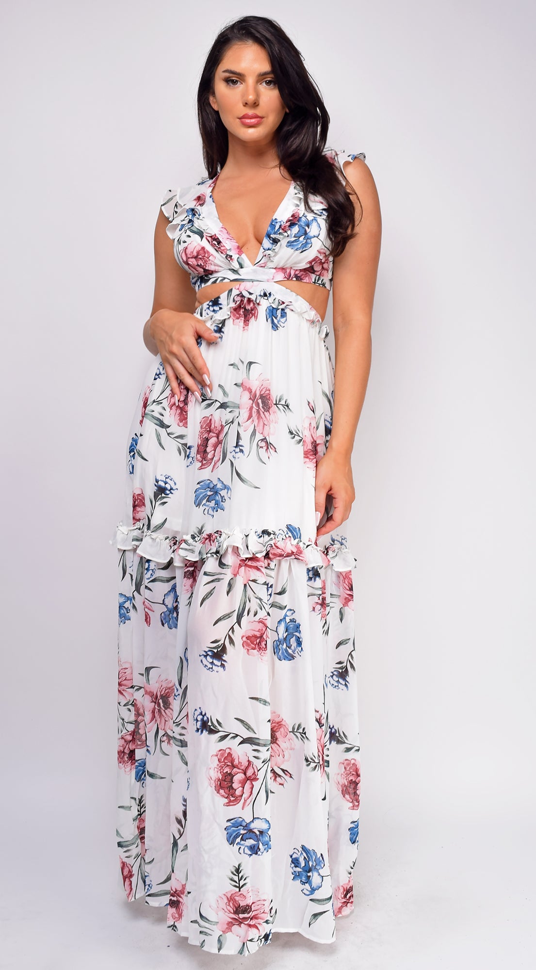 Samiya White Multi Color Floral Ruffle Maxi Dress