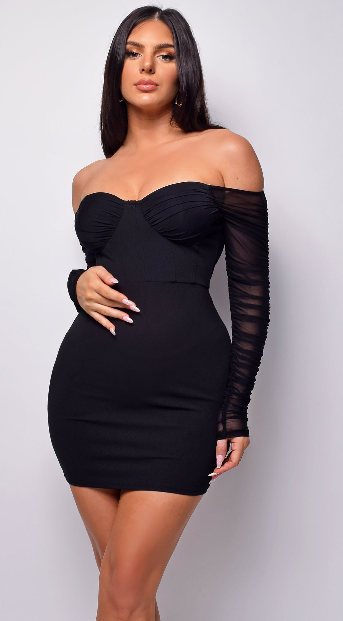 Yasna Black Mesh Ruched Sleeve Mini Dress
